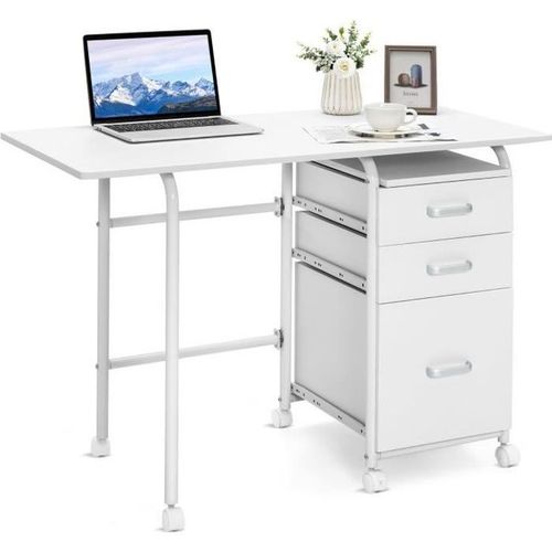Costway Bureau Pliable Sur Roulettes - 3 Tiroirs - 105 X 50 X 75 Cm, Cadre En Métal Pour Dortoir, Appartement Blanc