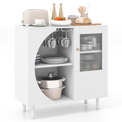 Costway Buffet De Cuisine Avec Portes En Verre Trempé, Etagères Ouvertes Et Pieds En Métal, Pour Salon, Salle À Manger, 80x30x80 Cm