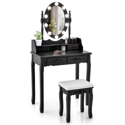 Costway Coiffeuse Table De Maquillage Avec Tabouret - Miroir Ovale Rotatif À 360°, Ampoule Réglable En 3 Couleurs, 4 Tiroirs - Noir