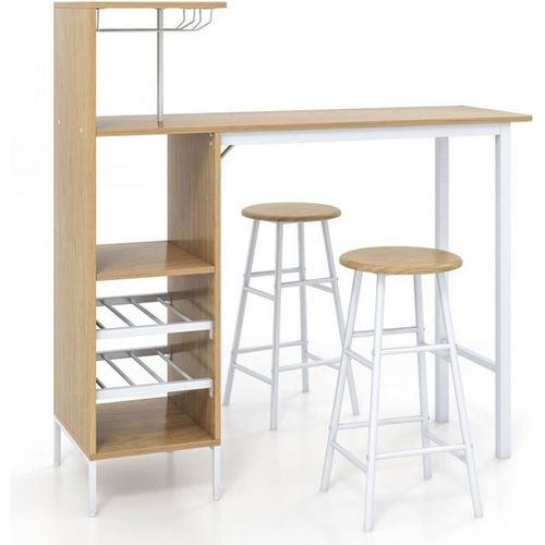 Costway Ensmeble Table Haute De Bar Avec Étagères, Mange Debout Avec 2 Tabourets, 120 X 40 X 120 Cm, Style Industriel, Beige