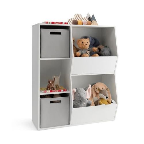 Costway Bibliothèque Pour Enfants À 5 Compartiments-2 Bacs En Tissu, 3 Étagère De Rangement Ouverts Pour Jouets, 77 X 33 X 93,5 Cm
