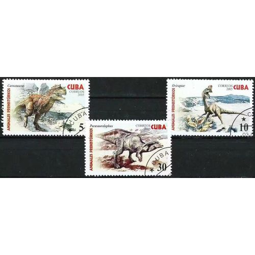 Cuba 2005, Joli Lot 3 Timbres Animaux Préhistoriques, Dinosaures, Oblitérés, Tbe