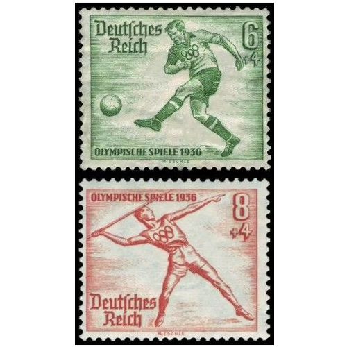 Allemagne, 3ème Reich 1936, Jeux Olympiques De Berlin Beaux Timbres Yvert 567, Football 6pf. Vert Et 568, Lancer De Javelot, 8 Pf. Orange, Filigrane Croix Gammées, Neufs* -