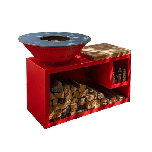 Braséro plancha avec meuble range bois Le Traditionnel DOUBLE CUVE en Aluminium Rouge 80x90 Barbecue d'extérieur Grill'Chic