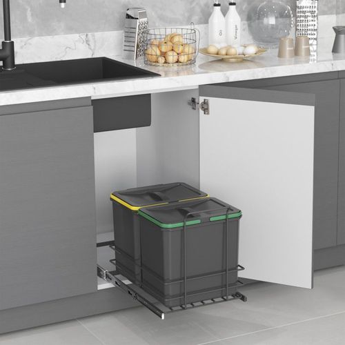 Emuca Poubelle de recyclage Recycle pour cuisine, 2 x 16 L, fixation par le bas et extraction manuelle, Plastique gris antracite