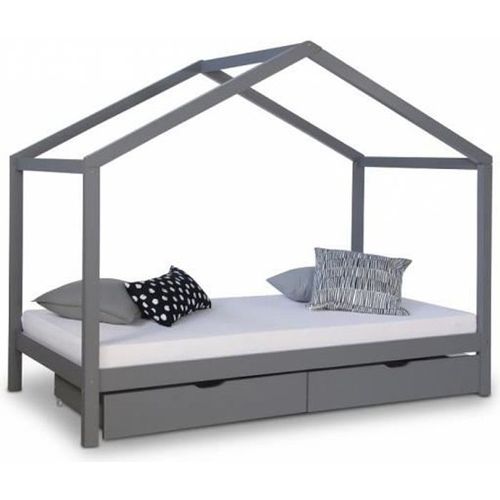 Lit D'enfant Cabane 90x200 Bois Gris Et Tiroirs