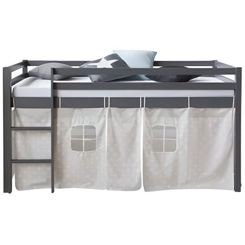 Lit Mezzanine Enfant 90x200 Cm Gris Avec Échelle Et Rideaux En Tissu - Homestyle4u - Bois Massif - A Lattes