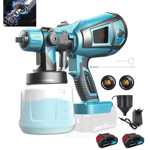 ulvérisateur de peinture 18V sans fil pour hvlp de peinture.avec 1000ml et 2x3.0AH batterie et chargeur-compatible avec Makita