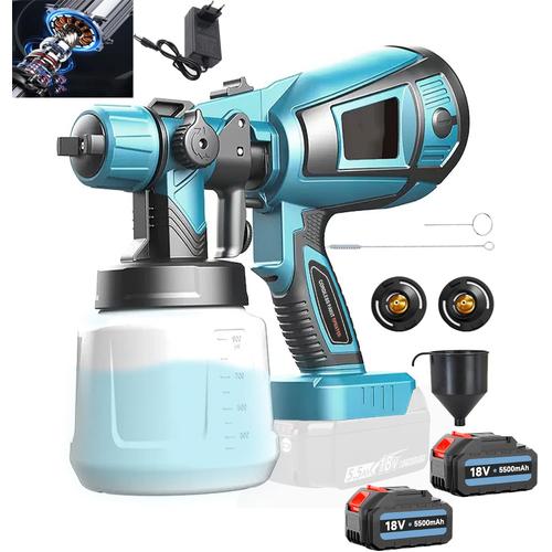 Pulvérisateur de peinture 18V sans fil pour hvlp de peinture.avec 1000ml et 2x5500mAH batterie et chargeur-compatible avec Makita