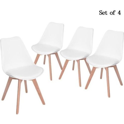 Lot De 4 Chaises Scandinave Salle À Manger Plastique Siège En Cuir Synthétique Blanc Bois Massif Hêtre