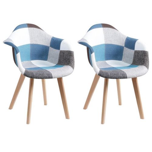 Lot De 2 Fauteuils De Salle À Manger Scandinaves,Fauteuils Nordiques Rembourrés,Tissu Patchwork(Bleu)