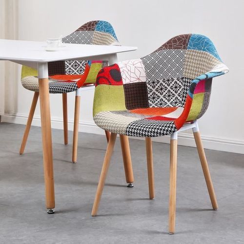 Lot De 2 Chaises En Tissu Patchwork - Avec Accoudoirs -Bleu-Pieds En Bois De Hêtre