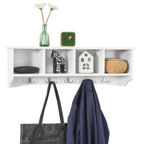 Sobuy® Frg48-L-W Portemanteau Étagère Murale Porte-Manteau Salle De Bain Meuble D¿Entrée Avec 4 Compartiments De Rangement Et 5 Crochets - Blanc