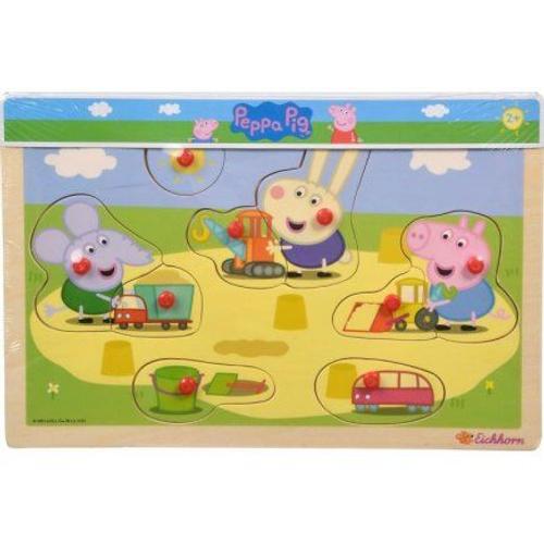 Puzzle Bouton En Bois Peppa Pig Et Ses Amis Jouent Dans Le Bac A Sable 9 Pieces - Puzzle Enfant A Encastrer Peppa Le Cache