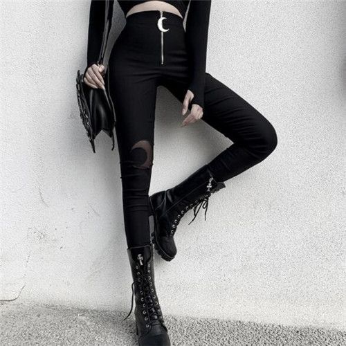Expédié De France Pantalon Femme Fille Noir Zip Lune Moulant Slim Goth Gothique Mode