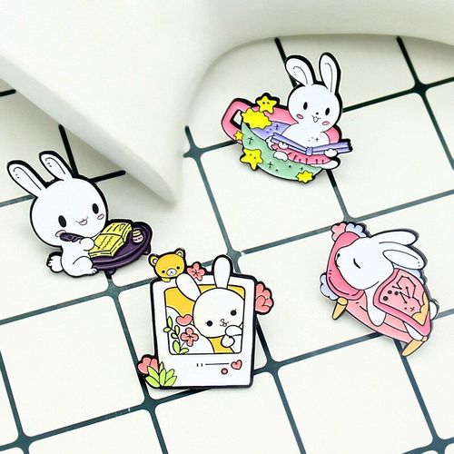 Jolie Petite Broche Lapin Blanc En Émail, Étoile Ours Fleur Tasse Livre Coeur Dessin Animé Animal Revers Épingle Lapin Dormant Badge Bijoux