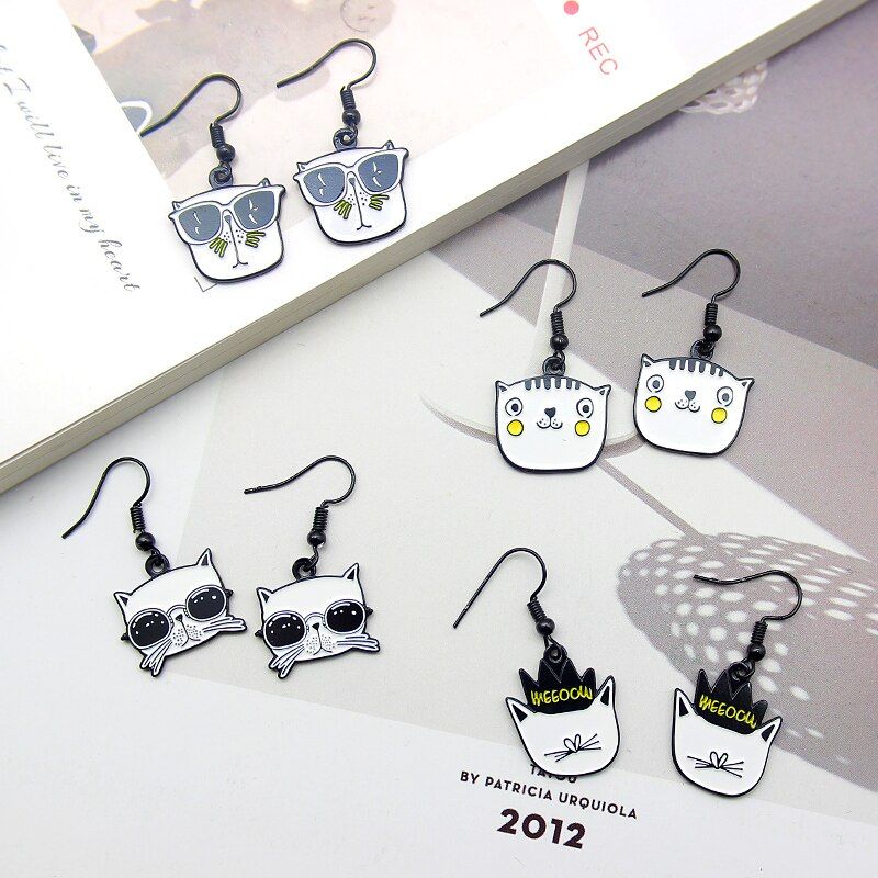 Boucles D'oreilles Pendantes Chaton Noir Et Blanc, Famille De Chat, Requin, Vagues, Cheval, Animal, Jolies Boucles D'oreilles, Accessoires Bijoux De Fête Pour Filles