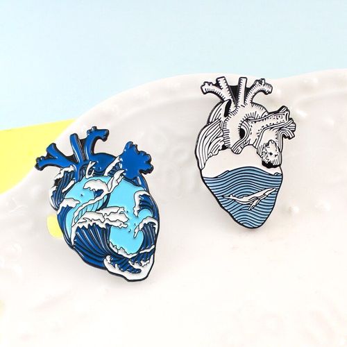 Broches En Émail Bleu Vague Océan, Broches Anatomiques C¿Ur, Naturel Bleu Mer, Badges Mode Sac Vêtements En Denim, Bijoux Cadeaux