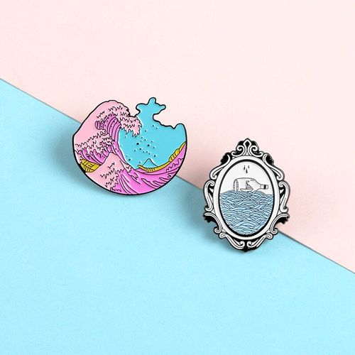 Simple Magique Miroir Dérive Bouteille Bateau Rose Bleu Vagues Océan Rafting Broches Femme Sac Vêtements Écharpe Chemise Pendances