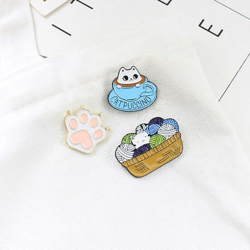 Broche De Chat D'amour Rose Mignon, Broche De Série De Chat Incrusté Avec Bordure Dorée Tasse Bleue, Panier En Bambou, Broches De Chat