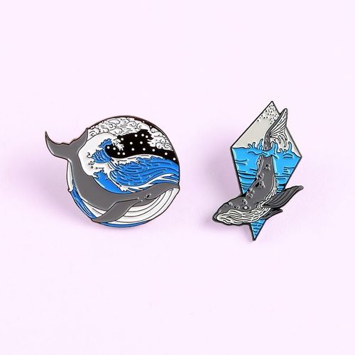 Dessin Animé Océan Bleu Requin Baleine Broche Vagues De Mer Et Vagues Circulaires Losange Épinglettes Cadeau Naturel Pour Hommes Femmes Bijoux