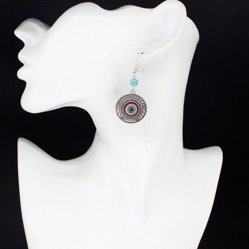 Boucles D'oreilles Rondes Style Ethnique Pour Femmes, Pendentif En Pierre Naturelle Bleue, Argent, Métal, Glaçure Rouge, Motif Symétrique