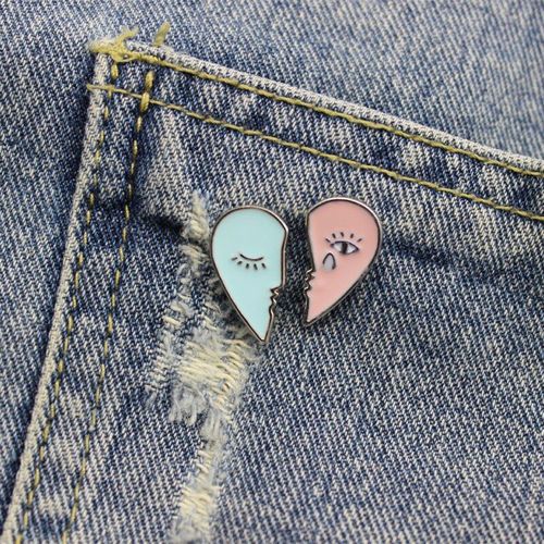Broches En Forme De C¿Ur Cassé, Lot De 2 Pièces, Bleu Rose, Yeux Ouverts, Amis Proches, Émaillé, Bijoux À La Mode Pour Couple