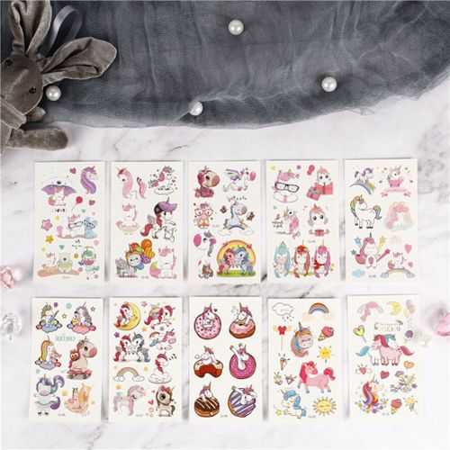 10 Feuilles Dessin Animé Licorne Tatouages Temporaires Autocollants Imperméable Fête Tatouage Ensemble Pour Enfants