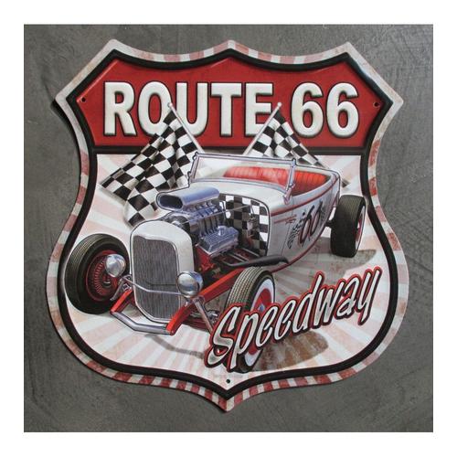 Plaque Publicitaire Blason Route 66 Et Hot Rod 30x30 Cm Tole Deco Speedway