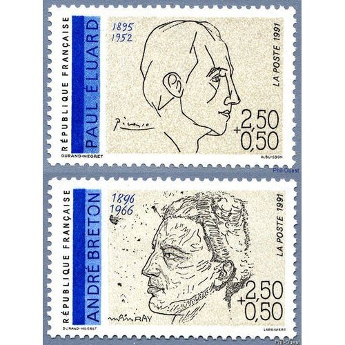 France 1991, Écrivains Français, Très Beaux Timbres Neufs** Luxe Yvert 2681 Paul Éluard Et 2682 André Breton.
