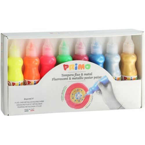 Primo 2532fm8 Gouache De Qualité Supérieure. En Flacon Avec Bec Verseur. 8 Couleurs: 4 Couleurs Fluos Et 4 Couleurs Métalliques.