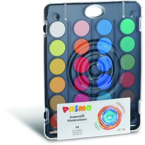 Primo 127a24fn Pastilles De Gouache Ø 30 Mm Avec Couvercle/Palette. 12 Couleurs.