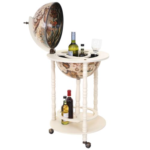 Bar De Salon Hwc-D83, Minibar, Étagère De Vin, Globe Terrestre Ø 33cm, Roulant, Bois D'eucalyptus   Blanc