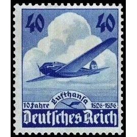 Allemagne, 3ème Reich 1936, Très Beau Timbre Neuf** Luxe De Poste Aérienne Yvert 54, 10ème Anniversaire De La Compagnie Aérienne Lufthansa : Filigrane 'croix Gammées' - Bleu ; 40 Pfg., Cote 55 Euros.
