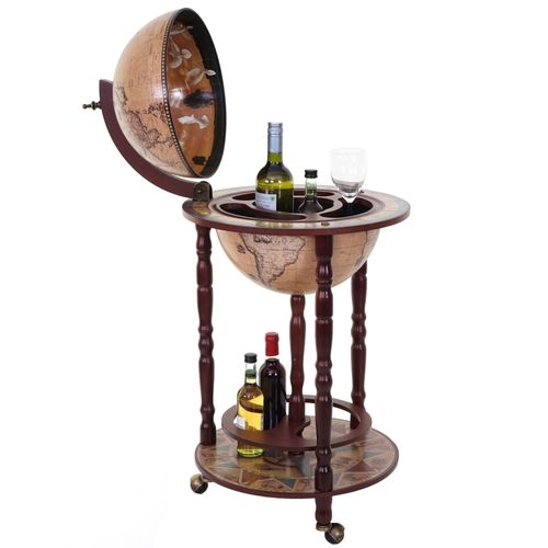 Bar De Salon Hwc-D83, Minibar, Étagère De Vin, Globe Terrestre Ø 33cm, Roulant, Bois D'eucalyptus   Marron