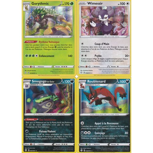 4 Cartes Pokemon - Gorythmic 013/072 + Wimessir 056/072 + Roublenard 048/072 + Smogo De Galar 042/072 - Holo-Rare - Épée Et Bouclier 4,5 Destinées Radieuses