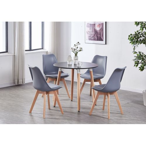 Table Noire Ronde + 4 Chaises Scandinaves Grises - Ensemble Pour Salle À Manger Ou Cuisine