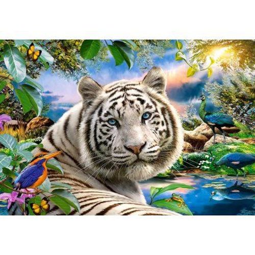 Puzzle Adulte Paysage Paradisiaque Avec Tigre Blanc Du Bengale 1500 Pieces - Puzzle Animaux Sauvages - Paon Et Oiseaux