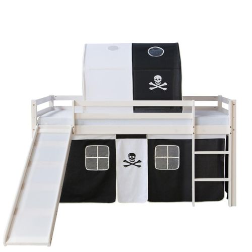 Lit Mezzanine 90x200 Avec Chelle Tunnel Toboggan Et Rideau Pirate Noir