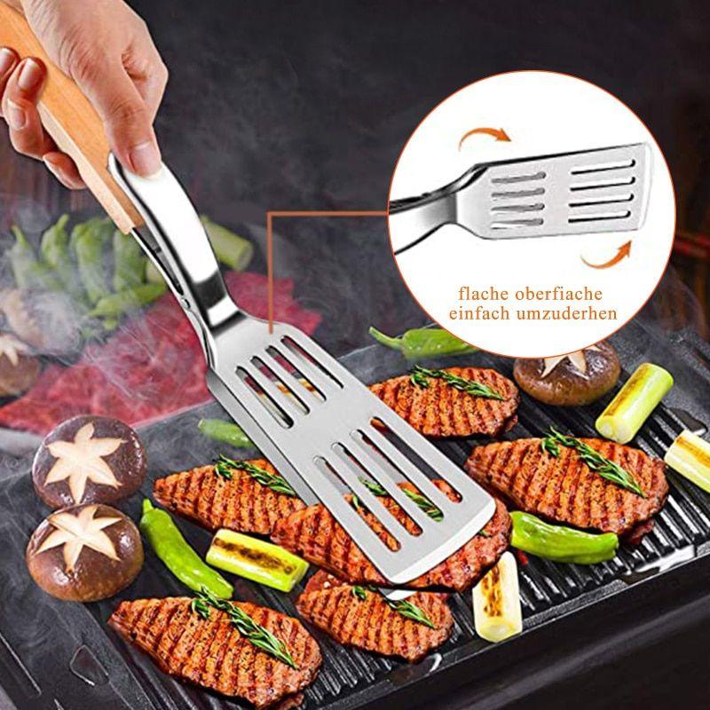 2in1 BBQ spatule alimentaire Steak pince pelle acier inoxydable frite oeuf  pain viande pince avec longue poignée pour cuisine extérieure Barbecue