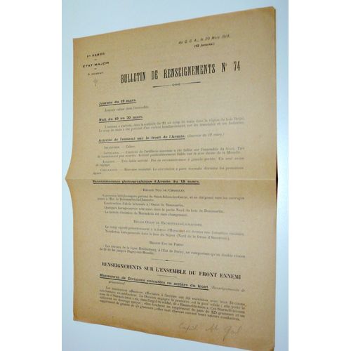 Ww1, 1 Ère Armée, État-Major Le 2 Septembre 1917, Bulletin De Renseignements N°74