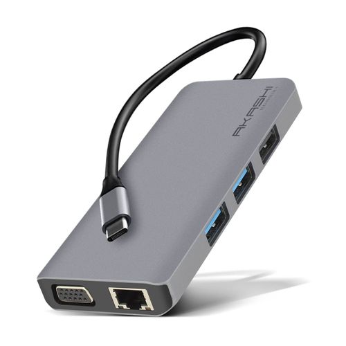 Hub USB-C 3x USB 1x HDMI 1x VGA 1x Ethernet 1x USB-C 1x microSD / SD Akashi Gris