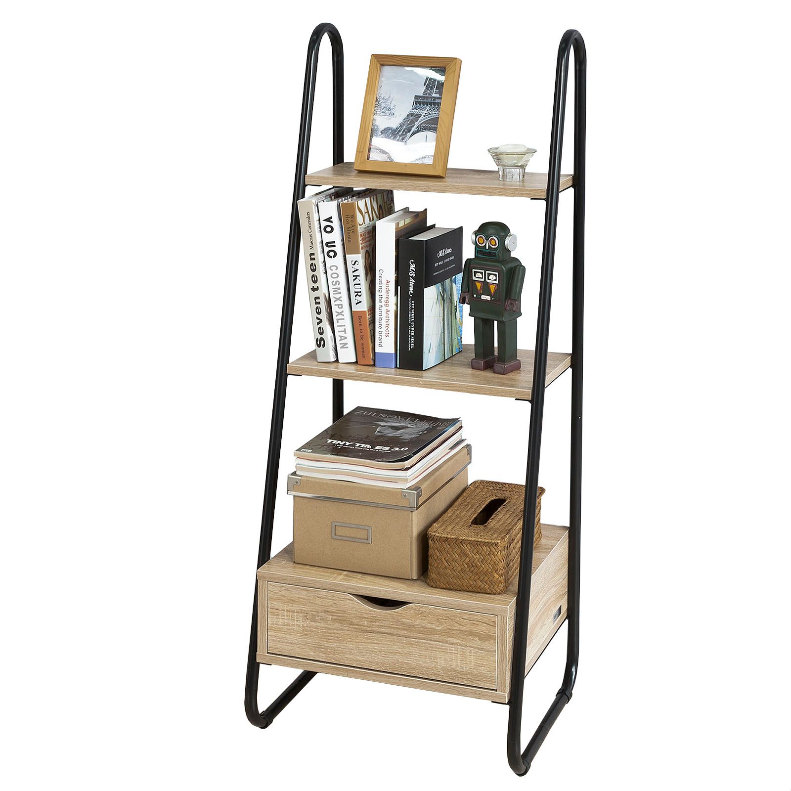 Sobuy® Frg219-N Bibliothèque Étagère Style Échelle De 3 Niveaux Et 1 Tiroir Structure En Métal ¿L44cmxp36cmxh115cm