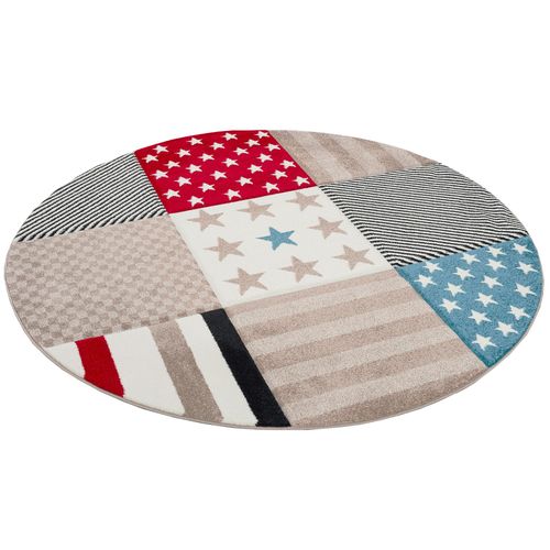 Pergamon Maui Kids - Tapis Pour Enfant Rond - Motif Étoiles Multicoloré Crème Rouge Bleu 120x120 Cm