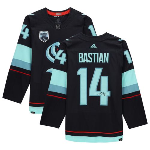 Nathan Bastian Deep Sea Blue Seattle Kraken Maillot Adidas Authentique Dédicacé Avec Patch De Maillot De La Saison Inaugurale