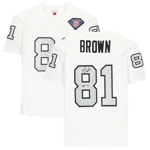 Tim Brown Oakland Raiders Maillot Authentique Dédicacé Du 75e Anniversaire De Mitchell & Ness Nfl Avec Inscription « Hof 2015 »