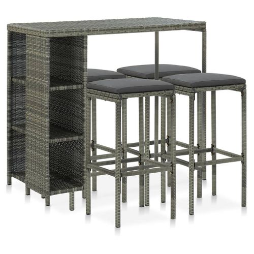 Vidaxl Meuble De Bar De Jardin 5 Pcs Et Coussins Résine Tressée Gris