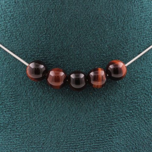 Collier 5 Perles Oeil De Tigre Rouge 8 Mm. Chaine En Acier Inoxydable Collier Femmes, Hommes. Taille Personnalisable.