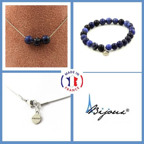 Parure Bijoux Bracelet Collier 3 Perles Sodalite 8 Mm. Chaine En Acier Taille Personnalisable.