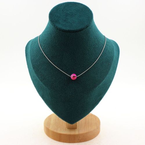 Collier 1 Perle Agate Craquelé Fuchsia 8 Mm. Chaine En Acier Collier Femmes, Hommes. Taille Personnalisable.